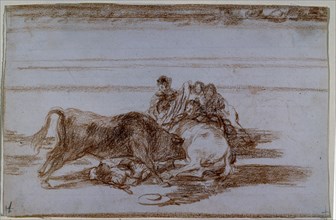 Goya, Tauromachie 26 (Un picador chute de cheval et tombe sous le taureau)