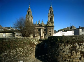 Surrounding wall and cathedral façade in the city of Lugo (Spain)