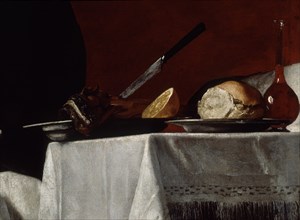 Ribera, Isaac and Jacob - Right detail: Table with bread, wine, knife and lemon