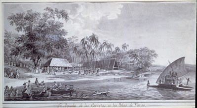 BRAMBILA FERNANDO 1763/1834
LA AGUADA DE LAS CORBETAS EN LAS ISLAS DE VAVAO -OCEANIA - PLUMA Y