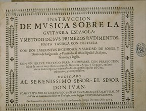 SANZ GASPAR
"INSTRUCCION DE MUSICA SOBRE LA GUITARRA ESPAÑOLA" PORTADA-AÑO 1674
MADRID,