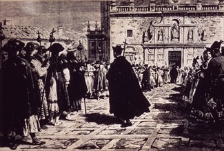 URRABIETA DANIEL
LITOGRAFIA-PEREGRINOS FRENTE A LA PUERTA SANTA DE COMPOSTELA-1880
SANTIAGO DE