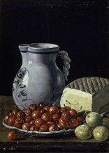 Melendez L., Still life: cherries, plums, cheese and jug