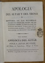 VELEZ RAFAEL
APOLOGIA DEL ALTAR Y DEL TRONO-1818-PORTADA
MADRID, BIBLIOTECA NACIONAL