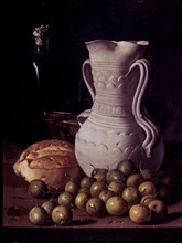 Melendez L., Still life: cherry plums, bread, jug, bottle and dish