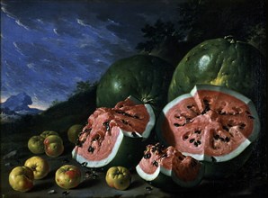 Melendez L., Still life: watermelons and apples with landscape in the background
