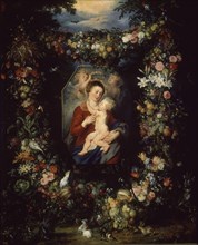 Rubens / Bruegel, La Vierge et l'enfant dans un cadre entouré de fleurs et de fruits