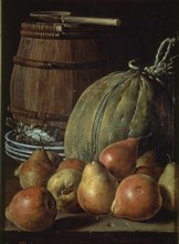 Melendez L., Still life: pears, melon, plates and barrel