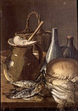 Melendez L., Still life: fishes, chives, bread and objects