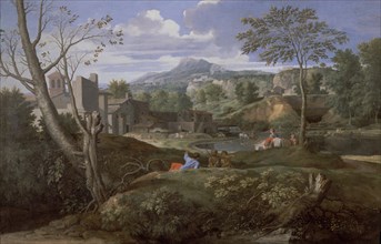 Poussin, Vaste campagne, avec rivière, montagne, architecture et personnages