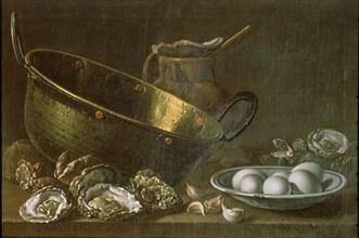 Melendez L., Still life: Oysters, eggs and a pan