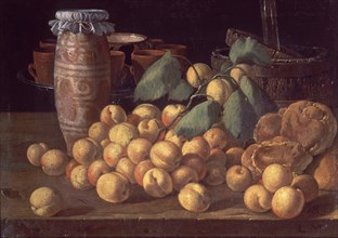 Melendez L., Still life: Apricots, pots and brioches