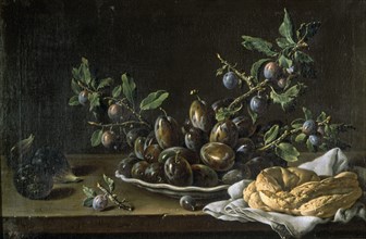 Melendez L., Still life: Plums on a branch and bread