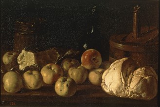 Melendez L., Still life: Bread, apples and small barrel