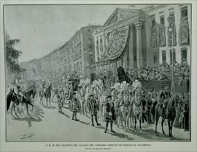ILUSTR ESP/AMER-ALFONSO XIII SALE DEL PALACIO DE CONGRESOS TRAS PRESTAR JURAMENTO 1902
MADRID,