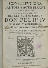 PORTADA"CONSTITUCIONS,CAPITOLS Y ACTES DE CORT,FETAS Y ATORGATS PER FELIPE IV EN 1701/2-BARNA