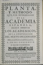 PORTADA DE LA PLANTA Y METODO PARA LA COMPOSICION DEL NUEVO DICCIONARIO- 1713
MADRID, ACADEMIA DE