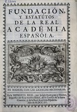 PORTADA-FUNDACION Y ESTATUTOS DE LA REAL ACADEMIA ESPAÑOLA-1715-IMPRESO POR JOSE RODRIGUEZ