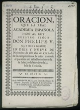 PORTADA-ORACION QUE LA REAL ACADEMIA DEDICO AL REY FELIPE V- 1717- IMPRESO POR JOSE RODRIGUEZ DE
