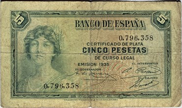 BILLETE DE CINCO PESETAS DEL BANCO DE ESPAÑA - 1935- ANVERSO