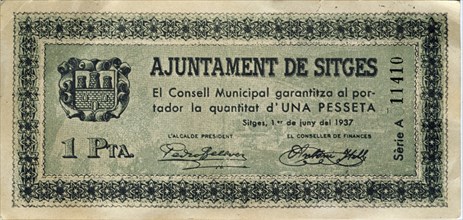 BILLETE DE UNA PESETA DEL AYUNTAMIENTO DE SITGES- JUNIO DE 1937