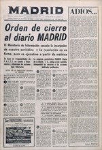 PORTADA DEL DIARIO MADRID CON EL ORDEN DE CIERRE DECRETADO POR EL GOBIERNO- 25/11/1971
MADRID,