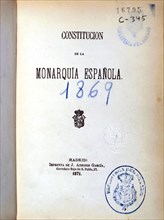 PORTADA - CONSTITUCION DE LA MONARQUIA ESPAÑOLA - 1869 - NUMERO DE SERIE 16795
MADRID,