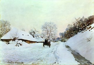 Monet, La Charrette. Route sous la neige à Honfleur, avec la ferme Saint Siméon