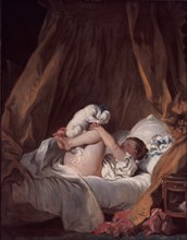 Fragonard, Jeune fille faisant danser son chien sur son lit