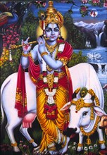 Krishna représenté dans une pose caractéristique, jouant de la flûte en compagnie d'une vache sacrée