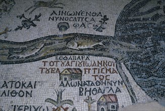Mosaic in Madaba depicts fish trying to avoid being swept into the Dead Sea.