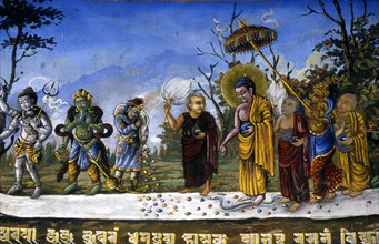 Peinture murale à Vihara-Lumpini, en Inde, illustrant la vie de Bouddha