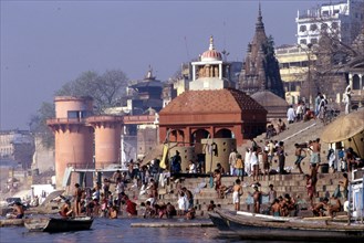 View of the 'ghats' and people bathing at Varanasi, India