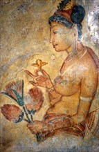 Fresques bouddhistes (peintures rupestres) à Sigiriya, Sri Lanka (5e siècle)