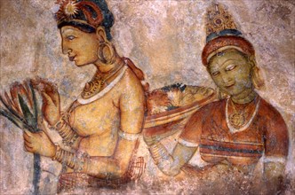 Fresques bouddhistes (peintures rupestres), "Les demoiselles de Sigiriya", au Sri Lanka (5e siècle)