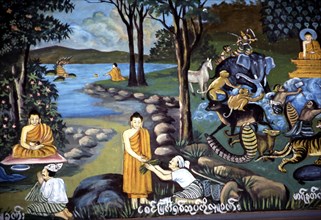 Fresque murale représentant Bouddha, en Birmanie