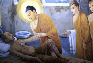 Vie de Bouddha, Bouddha soignant les malades, fresque murale au Sri Lanka