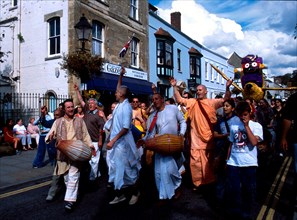 Hare Krishna group parading through Glastonbury England