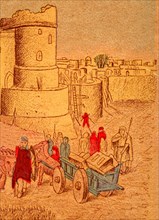 Antique bible card with art showing rebuilding the walls of Jerusalem