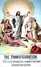 Old bible lesson card with artwork showing the Transfiguration of Christ
