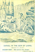 Old bible lesson card art showing Daniel in the Lion`s Den