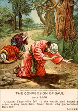 Antique bible lesson card depicting the conversion of Saul (Paul) on the road to Damascus