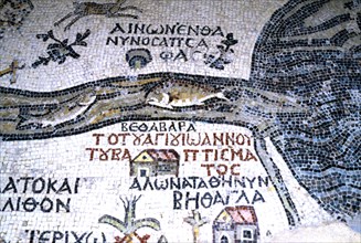 Mosaic of fish being swept out of the Jordan river into the Dead Sea, Madaba, Jordan