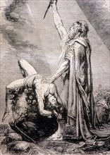 Lithograph ------- Abraham about to sacrifice his own son, Bible story,