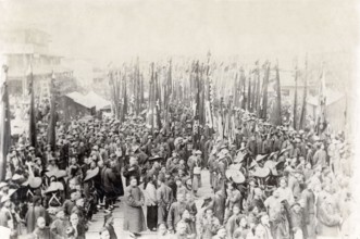 China, Chinese soldiers parading with their black banners