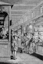 Bookseller in his shop in France, 18th century