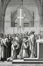 The bishop of Paris blesses Saint Louis before his departure for the seventh crusade.