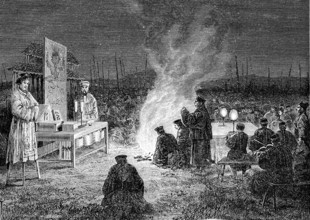 Funeral ceremony at  Sou -Tcheou, China. Design by Tofani. 
1874                 ( Le Tour du