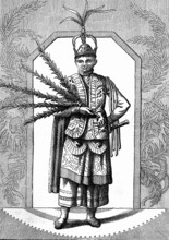 Costume dance, dances of Montezuma, Guam island in the Mariana islands,
engraved by Roger