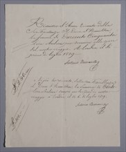 Manuscrit d'Antonio Buonavitta concernant les vivres et objets à amener à l'Empereur à Sainte-Hélène
(1819)